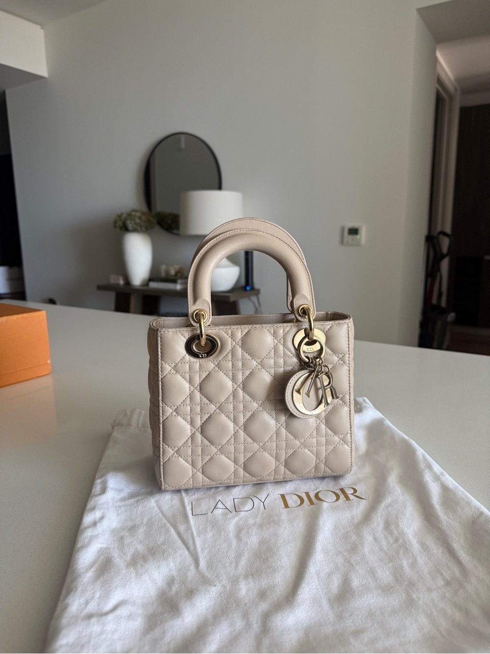 Christian Dior Medium Lady Dior Cannage Lambskin Bag Beige Gold Hardware